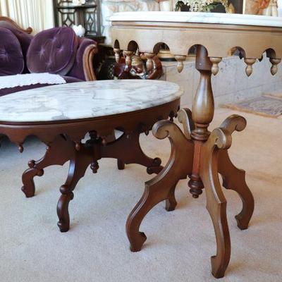 Beautiful antique wood and white marble side table and coffee table. 
