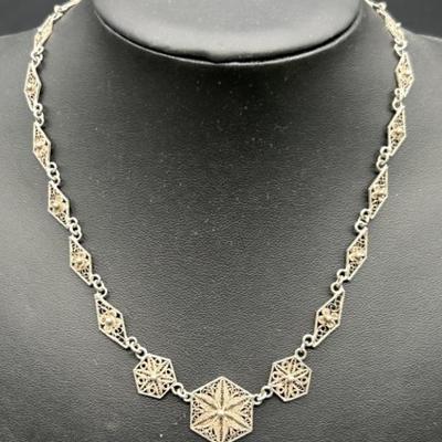 925 Silver Filigree 16in Necklace, 
 Tested