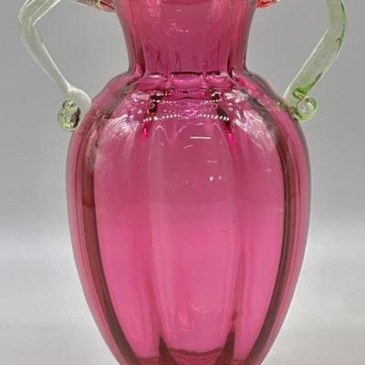 Fenton Art Glass Double Handled 9in Cranberry Vase
