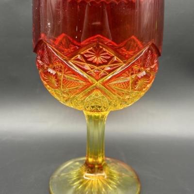 Vintage Oversized Amberina Cut Glass Goblet