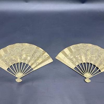 Pair of Asian Themed Brass Fan Wall Hangings