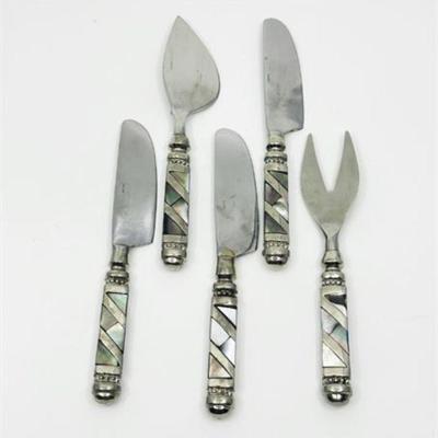 Lot 048 
Mid Century Abalone and Sterling Pate/Cheese Serving Set