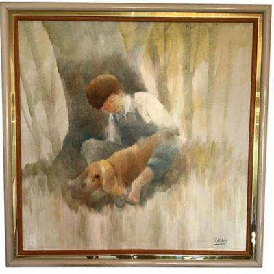 Lot 018.  
Fred Money, Oil on Canvas, Boy with Dog