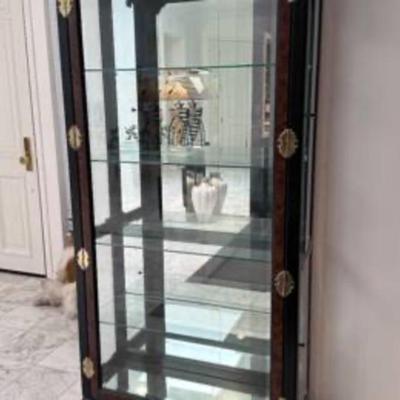 Vintage Chinoiserie Wood, Brass, Glass and Mirror Display Cabinet