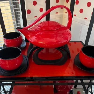 Judith Weber Dragon Red Porcelain Tea Pot and Tea Cups 
