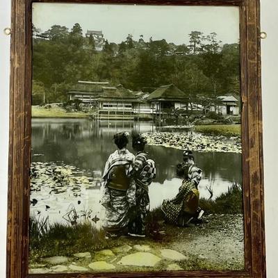#42 â€¢ T. Enami C.1898- Three Geisha and a Little Girl by the Pond in Hikone Park Near Old Kyoto, Japan- Hand Tinted Photograph
