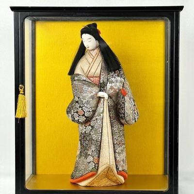#61 â€¢ Vintage Japanese Kimekomi Geisha Doll in Glass Case
