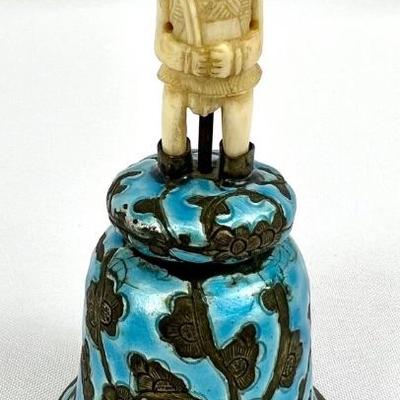 #27 â€¢ Antique Chinese Brass and Blue Enamel Hand Bell w/ Carved Bone Figural Handle
