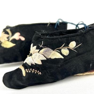 #24 â€¢ Small Black Embroidered Chinese Lotus Slippers - Softer Structure
