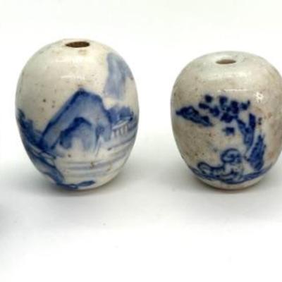 #31 â€¢ Four Antique Single Blue/White Porcelain Fuchin Kakejiku Large Beads
