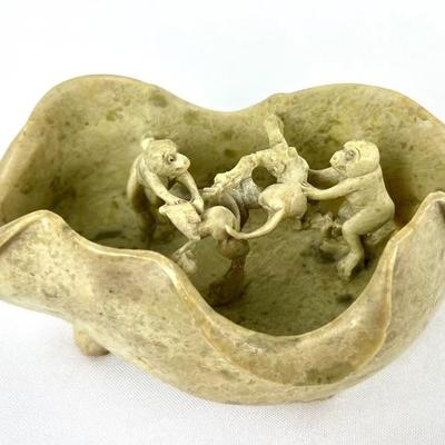 #44 â€¢ Antique Asian Carved Soapstone Brush Washer with Monkeys and Mice
