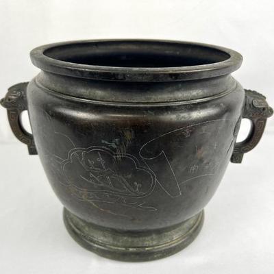 #40 â€¢ Antique Asian Bronze Pot w/ Dragon Handles
