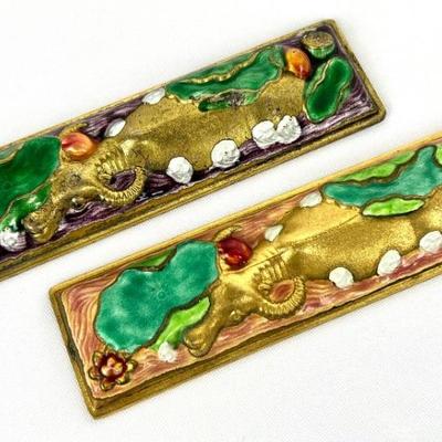 #29 â€¢ Two Vintage Painted and Enameled Metal Water Buffalo Scroll Weights
