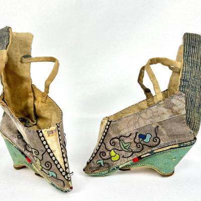 #33 â€¢ Antique Grey Satin Chinese Lotus Shoes w/ Side Embroidery, Heel Strap Loops and Heel Lift

