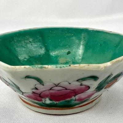 #22 â€¢ Antique Chinese Porcelain Octagonal Bowl with Turquoise Interior and Hand-Painted Floral Sides
