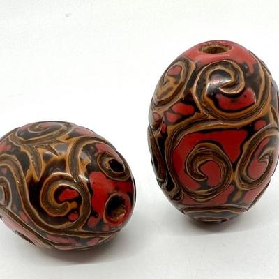 #30 â€¢ A Pair of Large Antique Chinese Carved Beads with Red and Black Lacquer
