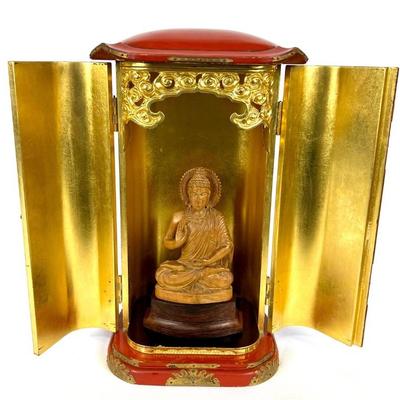 #37 â€¢ Vintage Japanese Butsudan/Zushi Portable Buddhist Altar w/ Finely Carved Sandalwood Buddha

