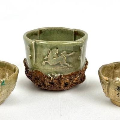 #43 â€¢ Three Antique Asian Fold-Style Handmade Ceramic Vessels
