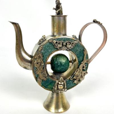 #66 â€¢ Unique Tibetan/Chinese Vessel - Silver-Over Copper w/ Blue Jade Bead
