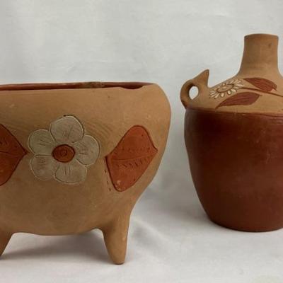#45 â€¢ Vintage Mexican Terracotta Handled Jug and Tripod Planter
