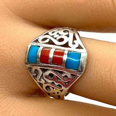 #1 â€¢ Sterling Silver Turquoise & Coral Ring - Size 9
