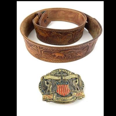 #33 â€¢ 200th Anniversary US Constitution Dress Belt Buckle 1787-1987 & Tooled Leather Belt

