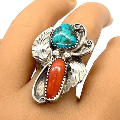 #28 â€¢ Sterling Silver Turquoise, Coral and Feather Ring - Size 7 1/4
