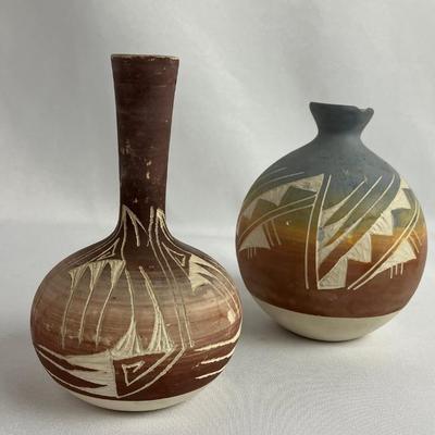#37 â€¢ Two Small Vintage Navajo Vases - DinÃ© Etched Signed Vase
