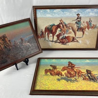 #46 â€¢ Three Framed Prints on Canvas of Paintings by Remington and Russell

