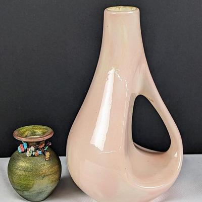 #64 â€¢ Two Pottery Pieces- Pink Genie Decanter and Raku Vase by Jeremy Diller
