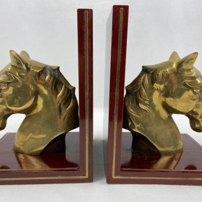 #31 â€¢ Brass and Wood Horse Head Book Ends
