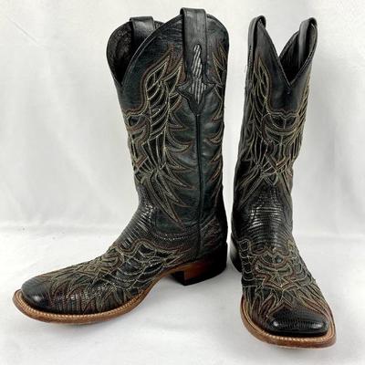 #46 â€¢ Lucchese Lizard Men's Cowboy Boots Black Size 9.5 Model 4546 - Elaborate Stitching
