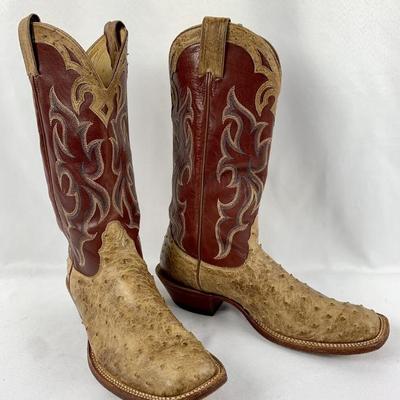 #12 â€¢ Nocona Full Quill Ostrich Two-Tone Men's Cowboy Boots Size 9.5 - Tan and Burgundy
