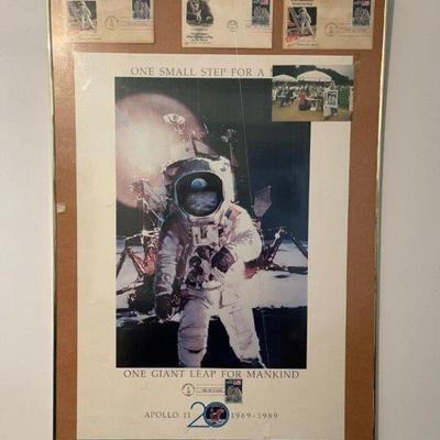 Framed US Postal Service Apollo 11 20th Anniversary stamp poster and First Day Issues, 36â€ x 24â€