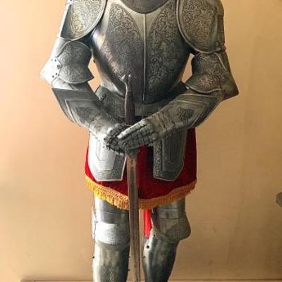 Vtg. full size Medieval Spanish style suit of armor w/ decorative engraving.