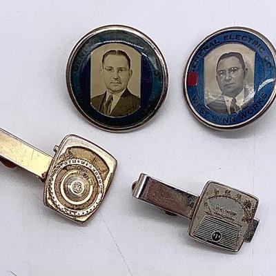 General Electric employee badges w/ G.E. tie clips 