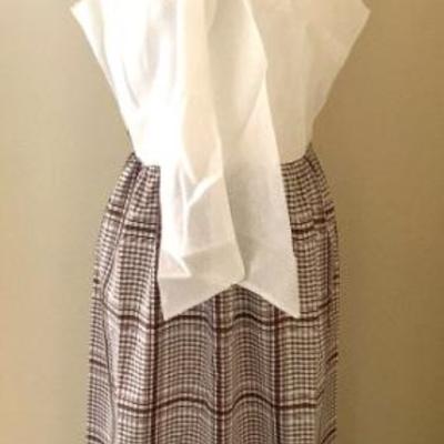 70â€™s polyester maxi , brown & white plaid, Hat made in Italy.
