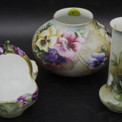 3 pc ANTIQUE HAND PAINTED PANSY PORCELAIN