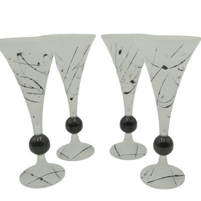 5 Vintage Tall Art Glass Champagne Flutes. Frosted with glossy black accents and a ball stem. Each 4.25"x9.75".