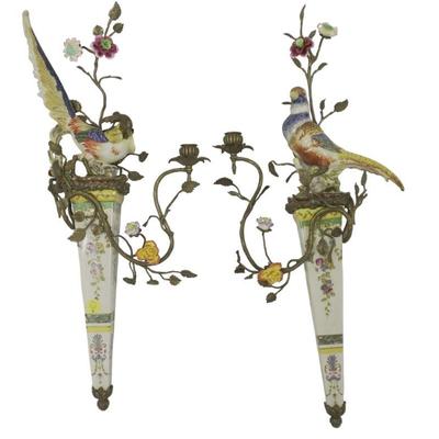 Pair of Castilian Porcelain and Gilt Metal Bird Sconces, with decorative climbing vines and and painted floral motifs. Each...