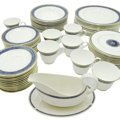 Royal Doulton like new, unused 75 Piece Stanwyck Service for 12. Bone China , Georgian Shape, Blue Marble Band. 