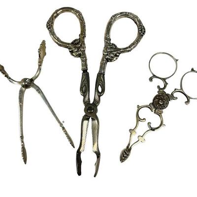 3 ANTIQUE STERLING SILVER TONGS - GRAPE SHEAR
