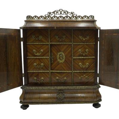 Antique 18th c French Louis XVI Marquetry Collector Chest or Jewelry Cabinet. Ormolu mounted, two doors open to reveal 10 drawers and 1...