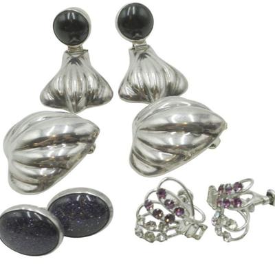 4 PAIR STERLING EARRINGS. DRUZY - ONYX - RHINESTONES