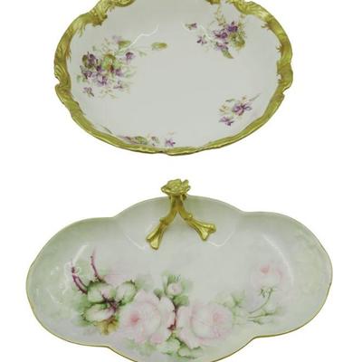 2 Antique/Vintage Limoges Hand Painted Bowls. Roses with Gilt Floral Handle 11"x2" by Wm Guerin Co. and Violets with Gilt Rim...