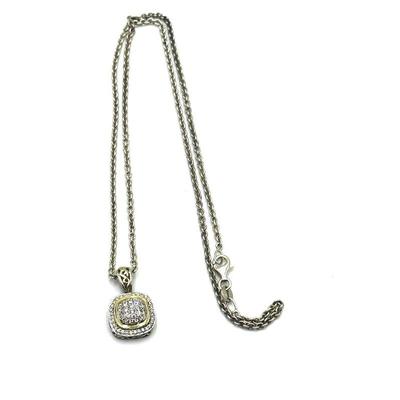 Charles Krypell NYC 18k, 14k and 980 Silver Pave Diamond Cushion Pendant, with sterling chain. Total diamond ct is .45. Hallmarked.