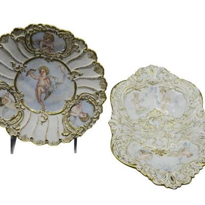 2 MEISSEN HAND PAINTED CHERUB BOWL & PLATE