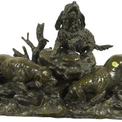 Late 19th / Early 20th Century Large Bronze Patina Dog Sculpture 3 Dogs in the Burrow By Jules Moigniez. Measures 40