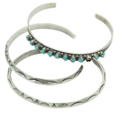 3 VINTAGE ZUNI STERLING CUFF BRACELETS TURQUOISE