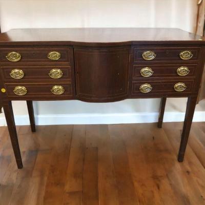Antique Mahogany Satinwood Banded Sideboard. 3 Drawers each side and central bowed cupboard. 54"x25"x38" Tall.